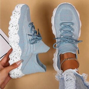 Women’s Breathable Round Toe Slip-On Cushion Sneakers –Casual Knitted Blue Shoes